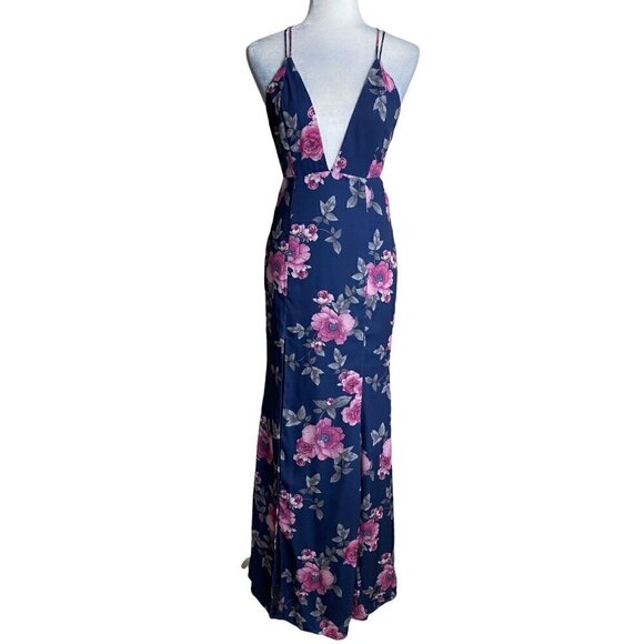Fame and Partners NWT $279 Blue Pink Floral Gown Maxi Dress Plunging V-Neck 2 - Picture 2 of 14